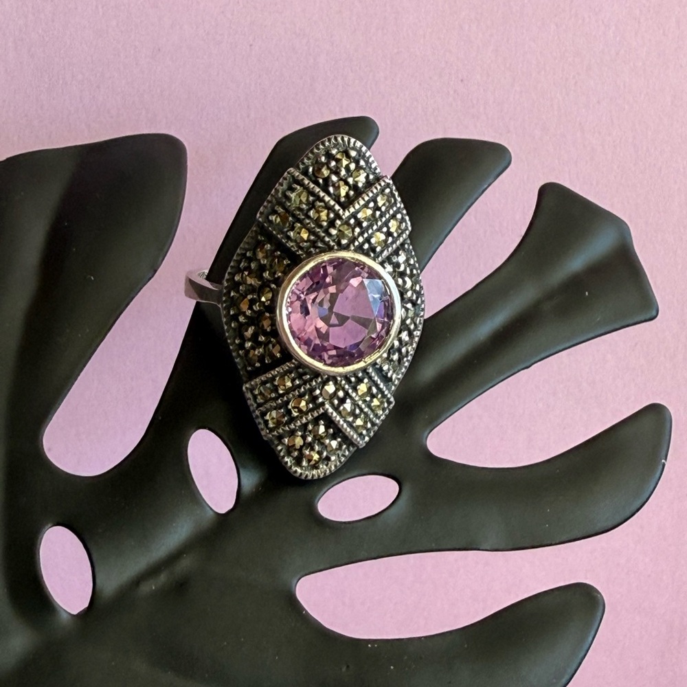Judith Jack Silver Marcasite Ring with Amethyst Accent
